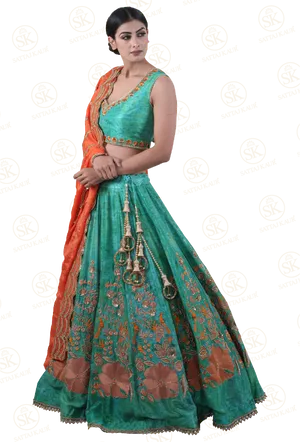 Elegant Green Lehenga Choli Model Pose PNG Image