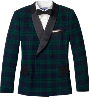 Elegant Green Plaid Blazer With Bow Tie PNG Image