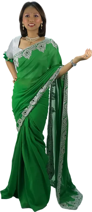 Elegant Green Saree Model PNG Image