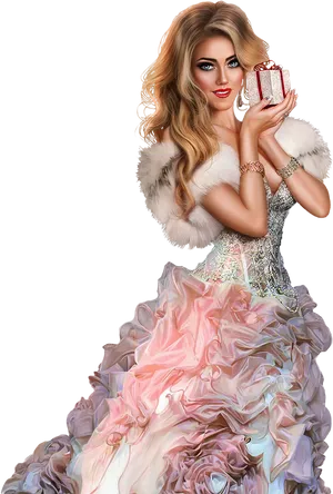 Elegant Lady Holding Gift PNG Image