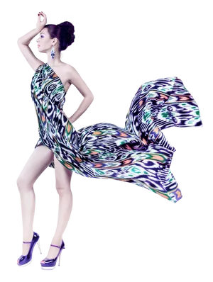 Elegant Modelin Flowing Dress PNG Image