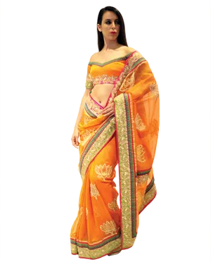 Elegant Orange Saree Model PNG Image