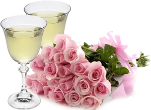 Elegant Pink Rosesand Champagne Flutes PNG Image