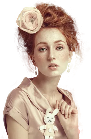 Elegant Portraitwith Flower Hairpieceand Bunny Finger Puppet PNG Image