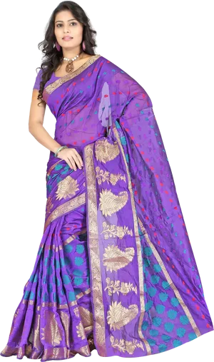 Elegant Purple Saree Model PNG Image