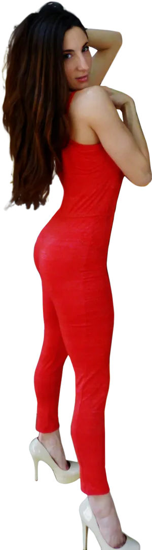 Elegant Red Dress Posing Woman PNG