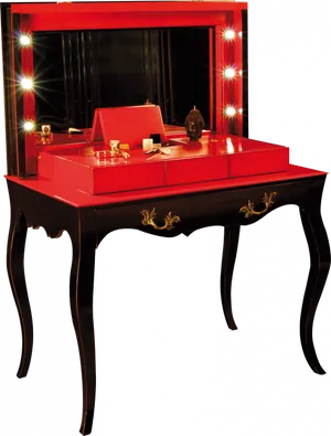 Elegant Red Dressing Tablewith Lights PNG Image