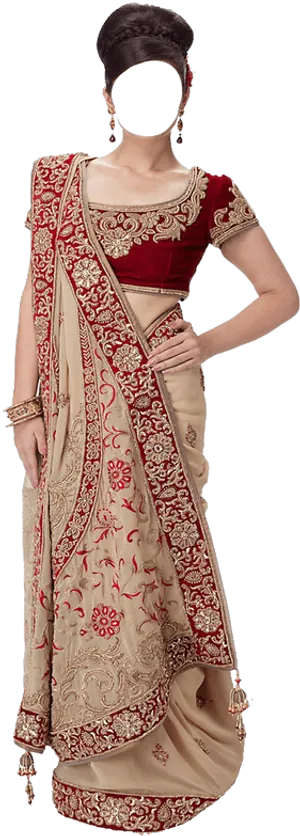 Elegant Redand Beige Embroidered Saree Model PNG Image