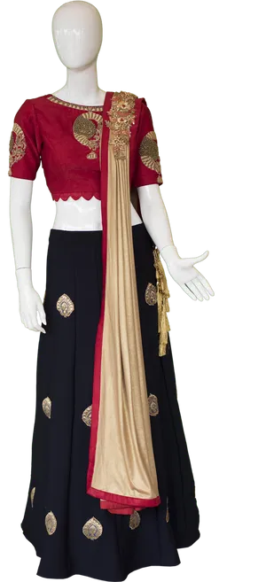 Elegant Redand Gold Lehenga Mannequin PNG Image