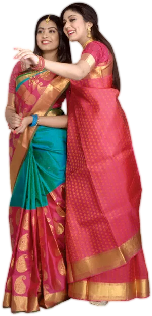 Elegant Saree Models Posing PNG Image