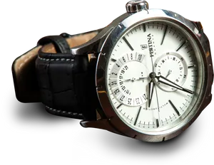 Elegant Silver Dial Leather Strap Watch PNG Image