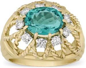 Elegant Teal Gemstone Ring Gold Setting PNG Image