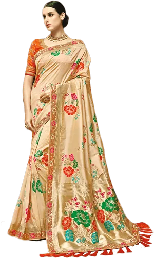 Elegant Traditional Saree Model PNG Image