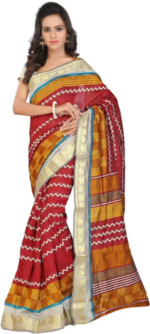 Elegant Traditional Saree Model PNG Image