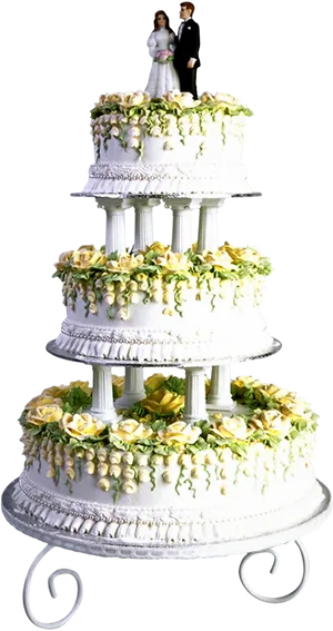 Elegant Wedding Cakewith Couple Topper PNG Image