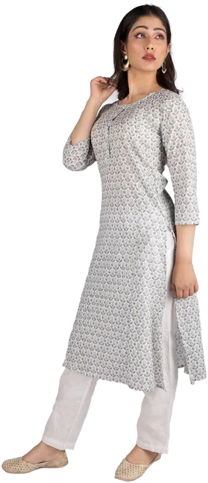 Elegant White Kurti Model Pose PNG Image