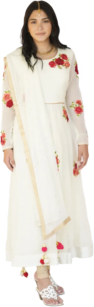 Elegant White Salwar Suitwith Floral Embroidery PNG Image