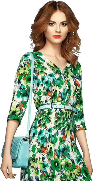Elegant Woman Floral Dress Blue Handbag PNG Image