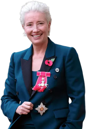 Elegant Womanin Blue Suitwith Medals PNG Image