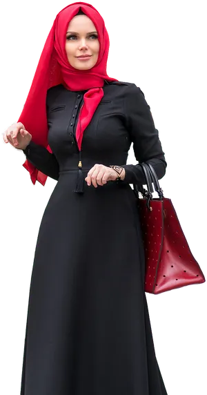 Elegant Womanin Red Hijaband Black Dress PNG Image