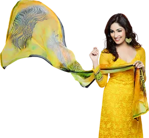 Elegant Womanin Yellow Dress PNG Image