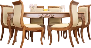 Elegant Wooden Dining Setwith Carvings.png PNG Image