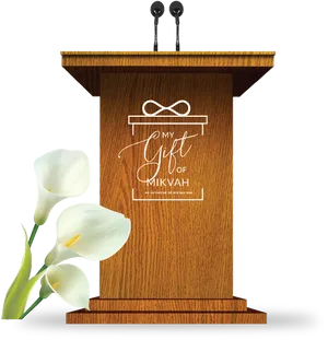 Elegant Wooden Podiumwith Flowersand Microphones PNG Image