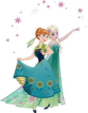 Elsaand Anna Frozen Sisters Floral Background PNG Image