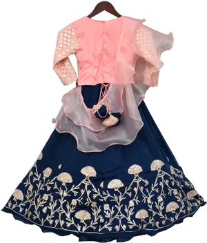 Embroidered Blue Lehengawith Pink Blouse PNG Image