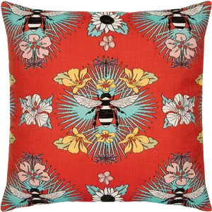 Embroidered Floral Bee Pattern Cushion PNG Image