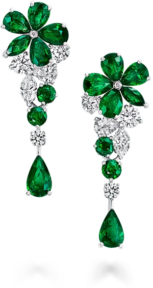 Emerald Diamond Flower Earrings PNG Image