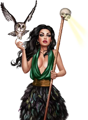 Enchantress_with_ Owl_and_ Staff PNG Image