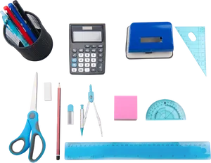 Essential Stationery Items Flatlay PNG Image