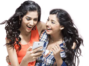 Excited Friends Sharing Contenton Phone PNG Image