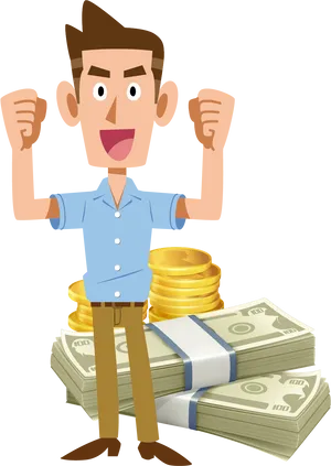 Excited Man Standing With Money Vector PNG Image