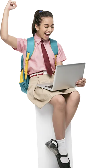 Excited Student With Laptop Victory Pose PNG Image