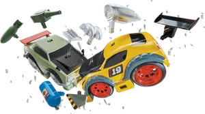 Exploded Toy Car Collision PNG Image