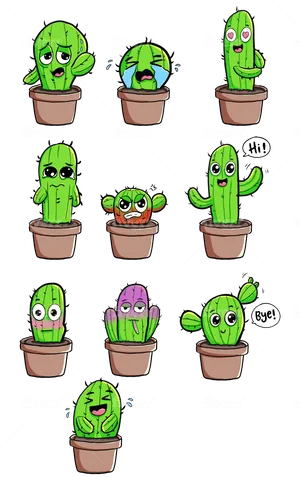 Expressive Cartoon Cacti Collection PNG Image