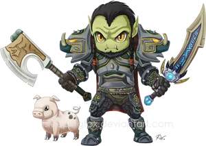 Fantasy Orc Warriorand Piglet PNG Image