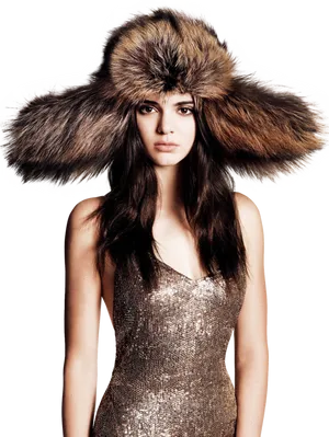 Fashion Model Golden Dress Large Fur Hat PNG Image