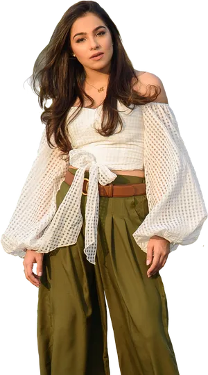 Fashion Model In White Blouse And Green Pants PNG Image