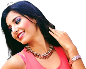 Fashion Model Smiling Pose Pink Top PNG Image