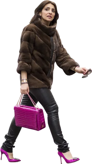 Fashionable Womanin Fur Coatand Heels PNG Image