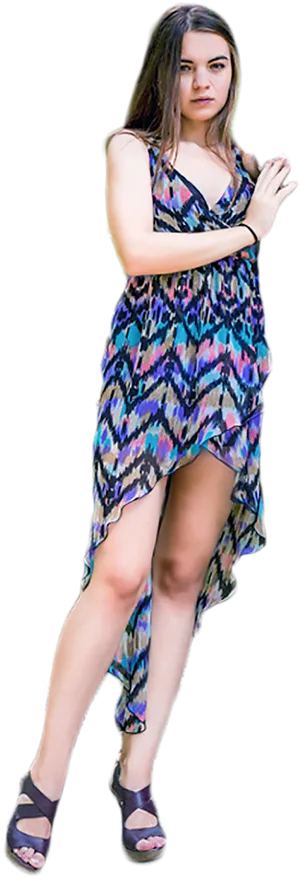 Fashionable Womanin Printed Dress.png PNG Image