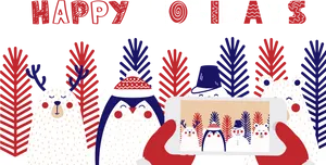 Festive Animals Selfie Holiday Greeting PNG Image