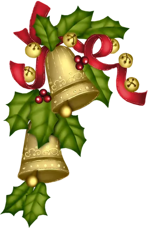 Festive Christmas Bellswith Hollyand Ribbon PNG Image