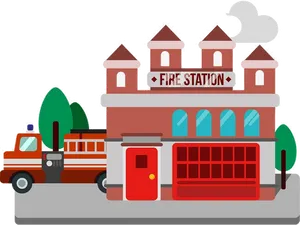 Fire Stationand Engine Illustration PNG Image