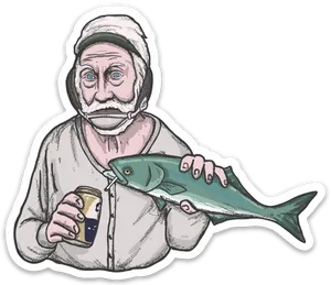 Fisherman_with_ Beer_and_ Fish_ Sticker PNG Image