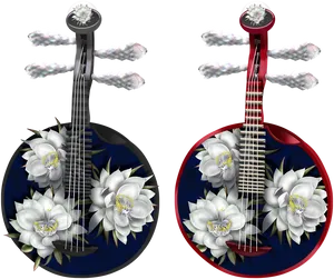 Floral Accented Guitars Artwork PNG Image