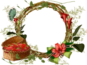 Floral Basketand Butterfly Wreath PNG Image